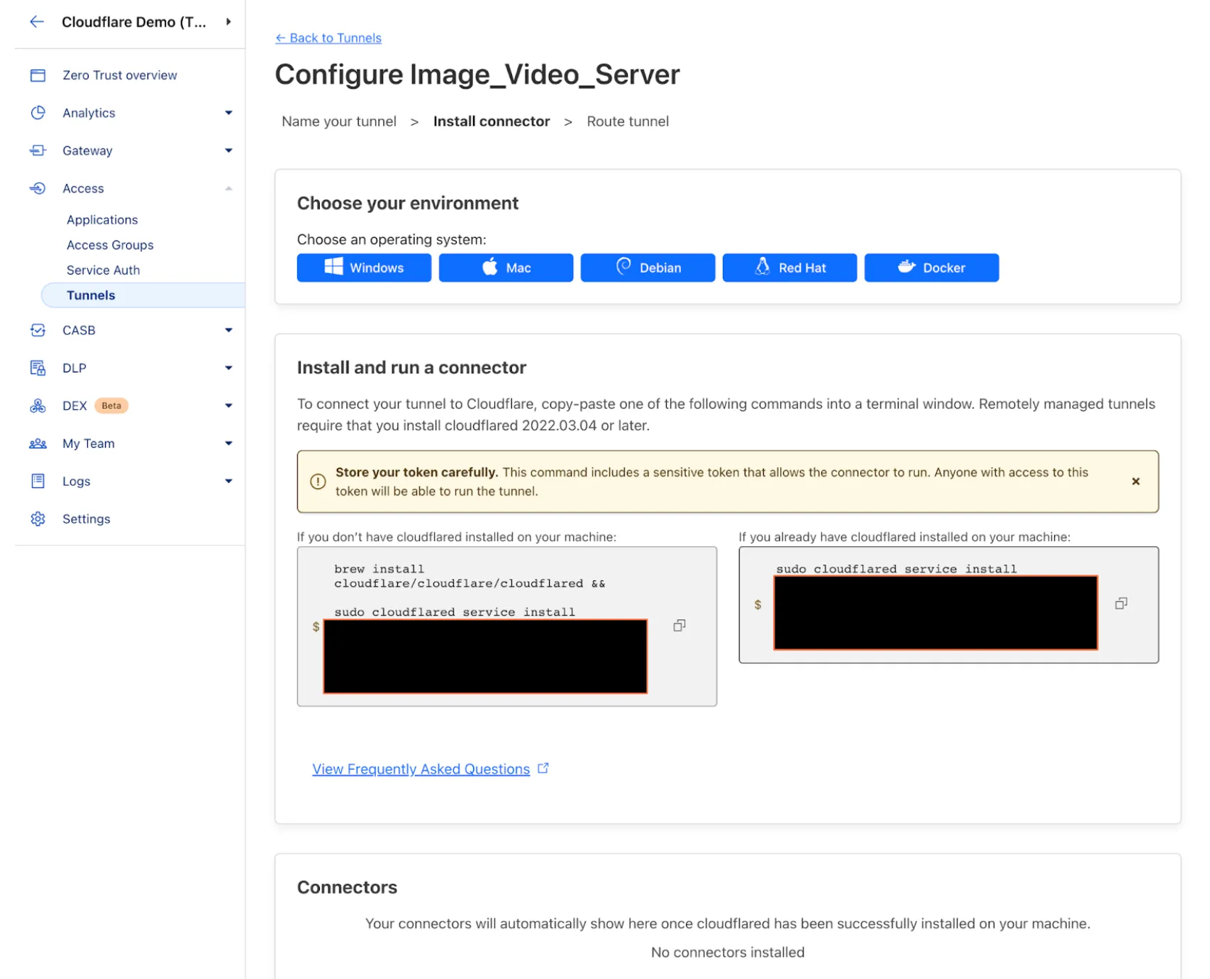 Figure 9: Instructions to install and run a connector. Cloudflare supports tunnel deployment/configuration for all popular operating systems.